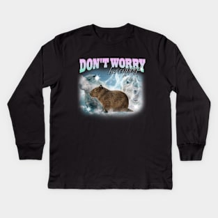 Cabybara Vintage 90s Bootleg Style T-Shirt, don't worry be cappy Shirt, Funny Capybara Meme Kids Long Sleeve T-Shirt